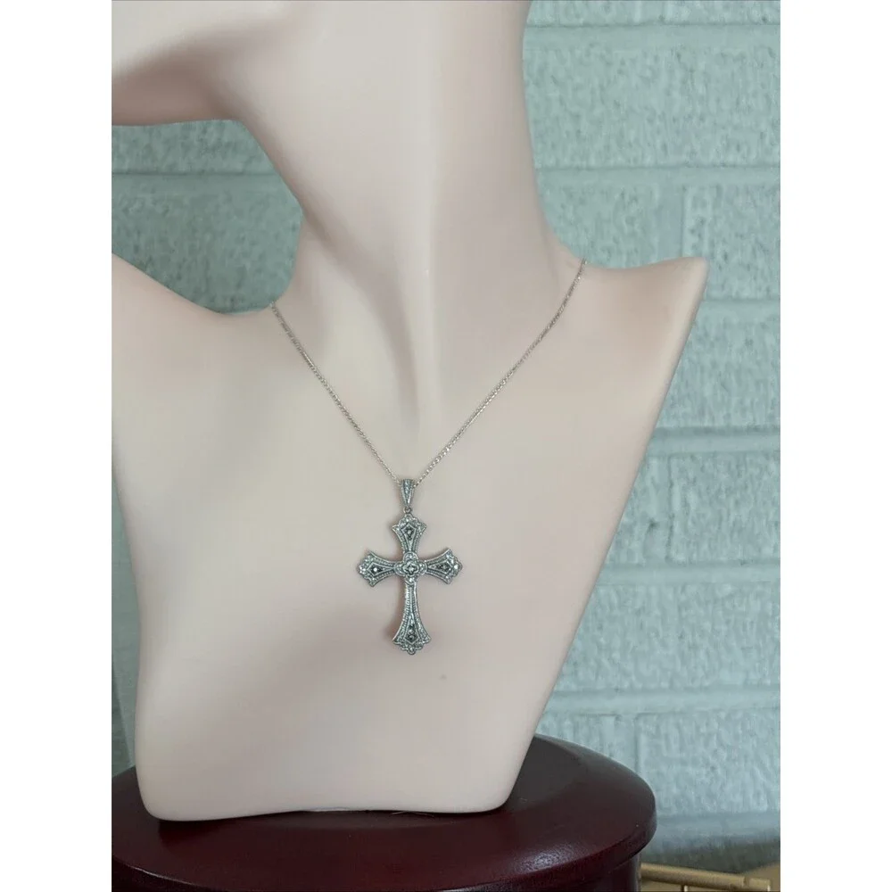 Stunning Sterling Silver Pave Genuine Natural Diamond Cross Pendant 24